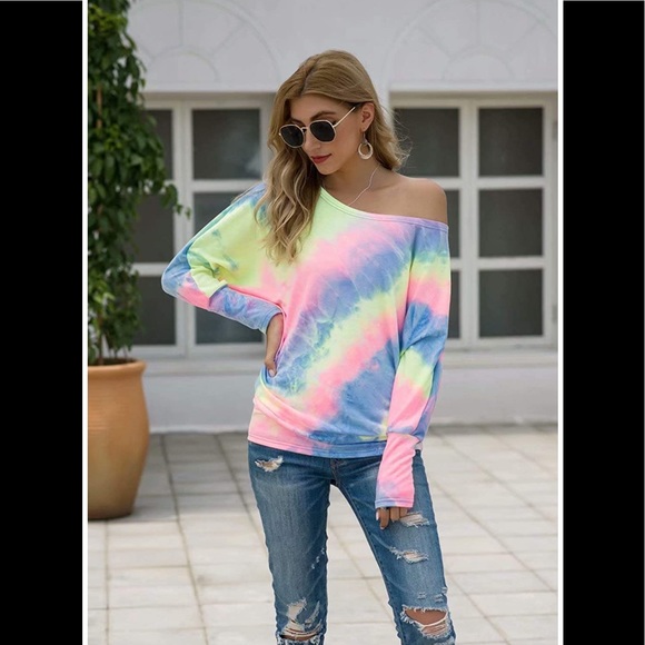 ☮️ Beautiful Tie Dye Long Sleeve Off shoulder Top - Picture 3 of 7